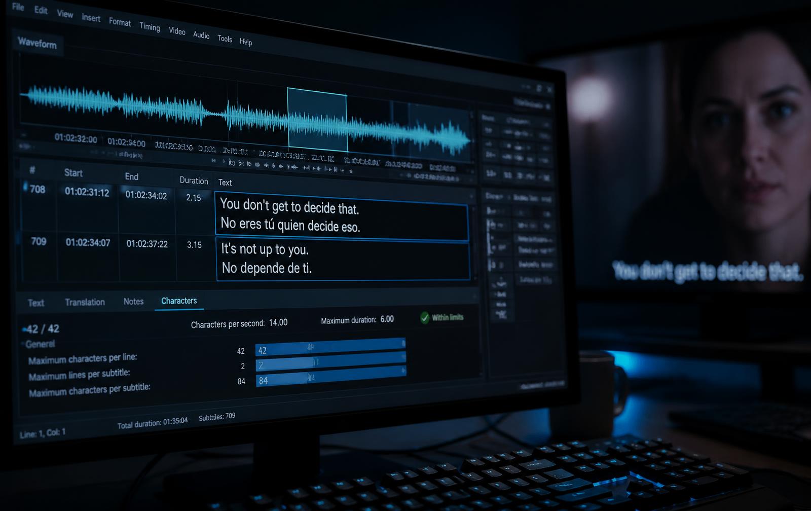 Subtitrēšanas programma ar divvalodu subtitru rindu un 42 rakstzīmju ierobežojuma rādītāju