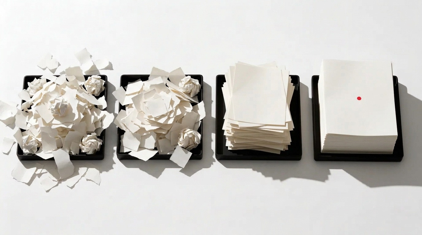 Four trays of paper going from scattered scraps to a neat finished stack