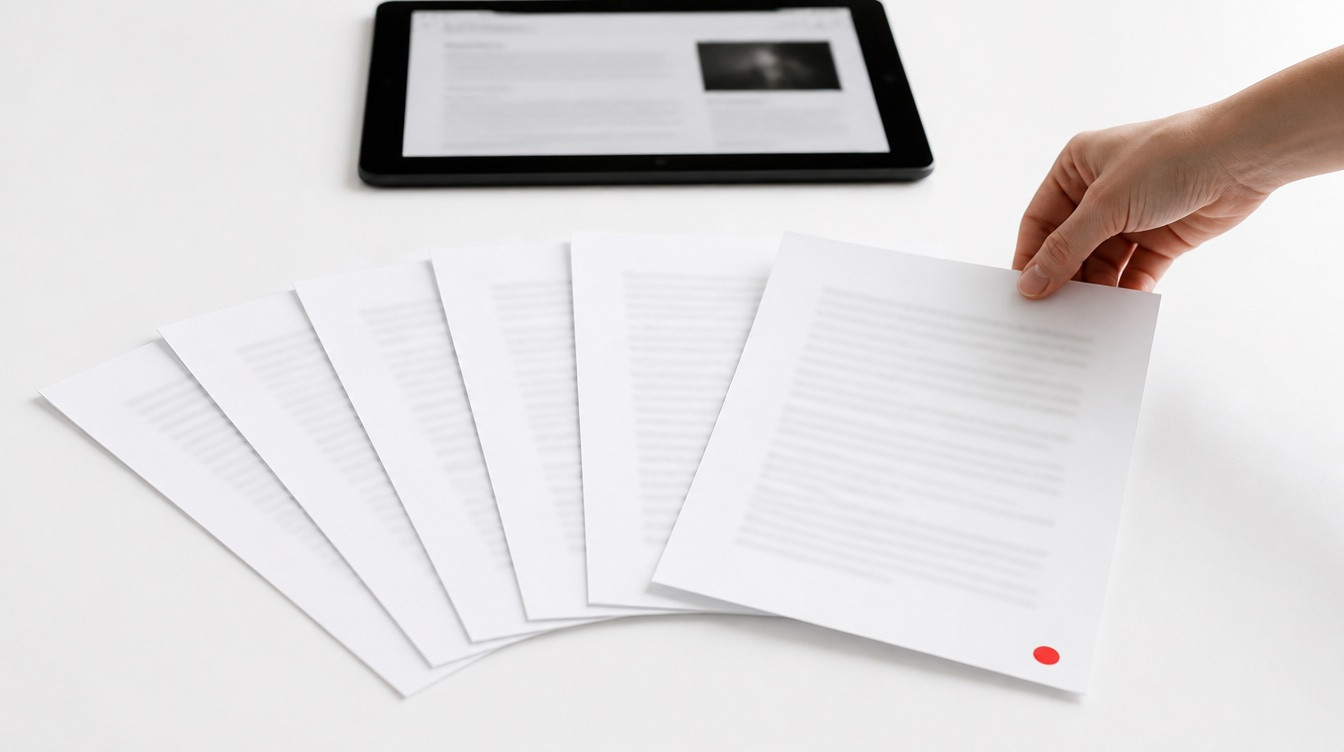 Hand picking up a finished, publication-ready page from a fanned-out stack