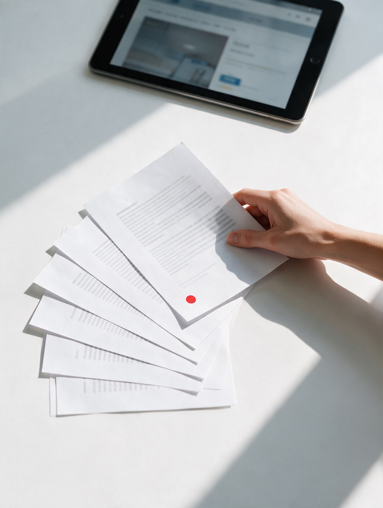 Hand picking up a finished, publication-ready page from a fanned-out stack
